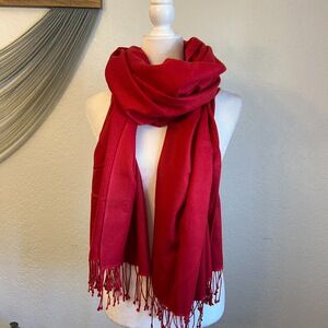 Pashmina Wool Silk Blend Red Blanket Scarf Fringe Trim NOT ITCHY